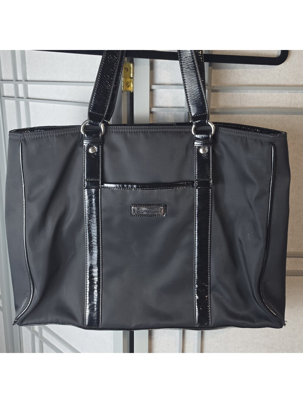 Tommy Hilfiger Black Nylon Tote Bag Shoulder Purse Patent Leather Trim Lg Work